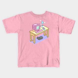 Geeky Pink Purple Pixel Art Desktop Computer Cat Kids T-Shirt